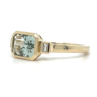 9ct Yellow Gold Earth Grown Horizontal Emerald Cut Green Amethyst And Diamond Ring
