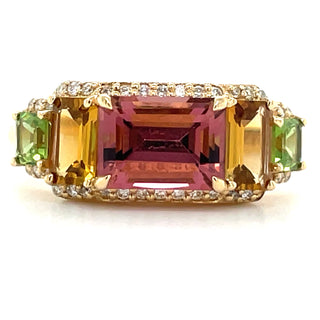 18ct Yellow Gold Earth Grown Pink Tourmaline, Orange Tourmaline, Green Tourmaline & Diamond Ring