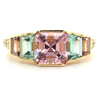 18ct Yellow Gold Earth Grown Mint Pink Tourmaline, Mint Green Tourmaline & Diamond Ring