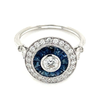 18ct White Gold Earth Grown 0.87ct Sapphire & 0.66ct Diamond Vintage Style Ring