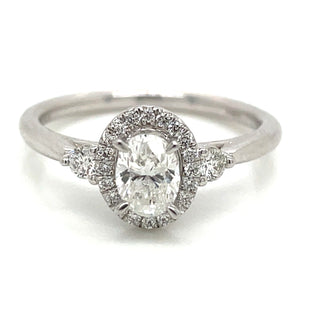Remi - Platinum Natural 0.71ct Oval Halo Diamond Ring With Two Side Diamonds