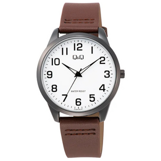 Q & Q Gents Brown Leather Strap Watch With White Dial