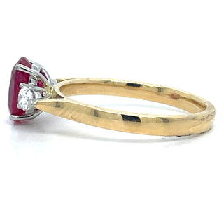 18ct Yellow Gold Laboratory Grown 1.78ct Ruby And 0.31ct Diamond Three Stone Ring