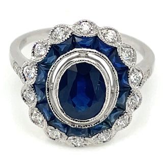 18ct White Gold Earth Grown Oval Sapphire And Diamond Art Deco Style Ring