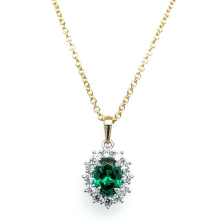 9ct Gold Two Tone Lady Di Style Emerald And Cz Halo Necklace
