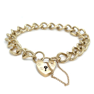 Vintage 9ct Yellow Gold Solid Link Gate Bracelet With Heart Lock
