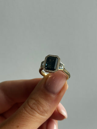 9ct Yellow Gold Earth Grown 3.76ct Emerald Cut London Blue Topaz Halo Ring With Blue Topaz Side Stones