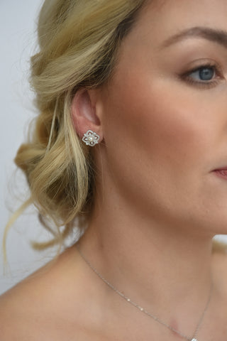 Sterling Silver Floral Cz Earrings With Pearl Centre