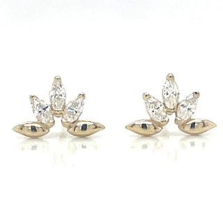 9ct Yellow Gold Plain And Cz Marquise Cluster Stud Earrings