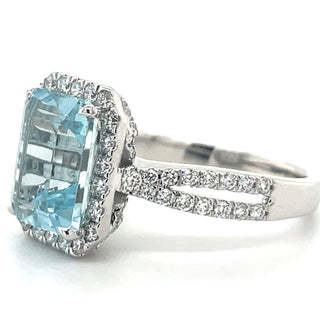 18ct White Gold Earth Grown Aquamarine and Laboratory Grown Diamond Halo Ring