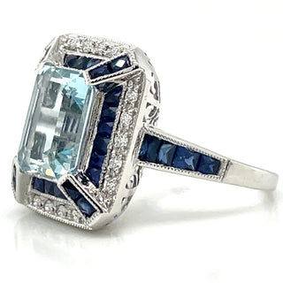 18ct White Gold Earth Grown Aquamarine, Sapphire And Diamond Ring