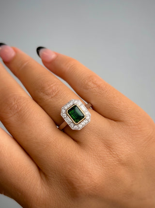 18ct White Gold Earth Grown 0.91ct Emerald Cut Green Tourmaline & Diamond Vintage Style Ring