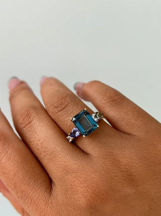 9ct Yellow Gold Earth Grown London Blue Topaz, Green Tourmaline, Tanzanite & White Sapphire Ring