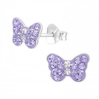 Children's Silver Butterfly Ear Studs with Crystal Purple