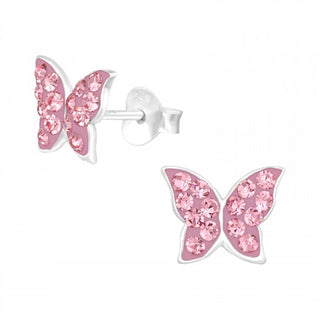 Children's Silver Butterfly Ear Studs with Pink Crystal