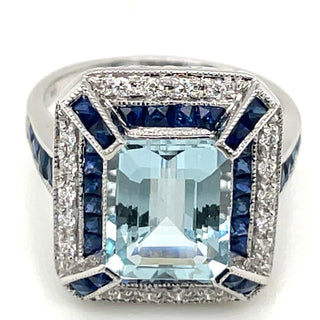 18ct White Gold Earth Grown Aquamarine, Sapphire And Diamond Ring