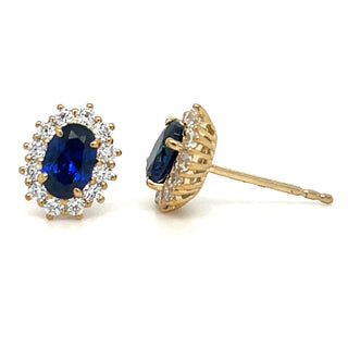 9ct Yellow Gold Lady Di Sapphire And Cz Cluster Stud Earrings