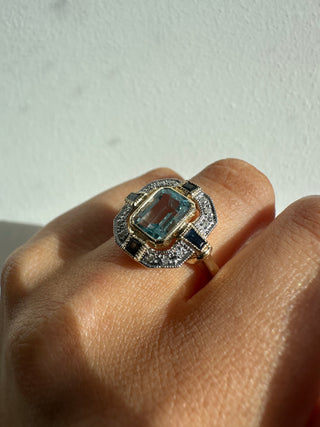 Vintage 9ct Yellow Gold Earth Grown Deco Blue Topaz, Sapphire and Diamond Ring