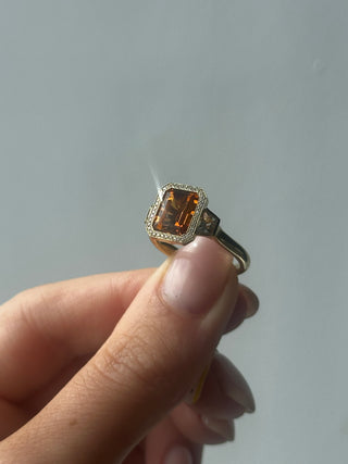 9ct Yellow Gold Earth Grown 2.77ct Emerald Cut Citrine Halo Ring With Green Amethyst Side Stones