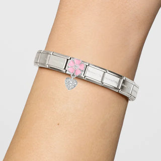 Composable Classic CHARMS steel, 925 sterling silver, enamel and cz Pink flower with Heart