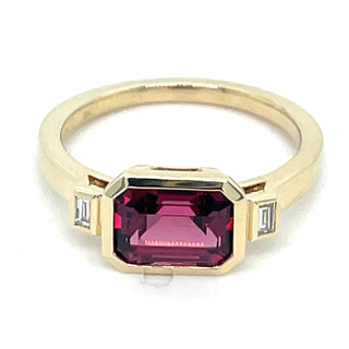 9ct Yellow Gold Earth Grown Horizontal Emerald Cut Rhodolite Garnet And Diamond Ring