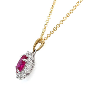 9ct Gold Two Tone Lady Di Style Ruby And Cz Halo Necklace