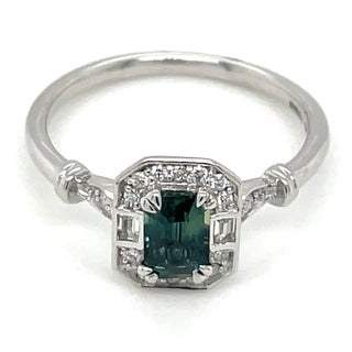 9ct White Gold Earth Grown Emerald Cut 0.60ct Green Tourmaline with White Sapphire & Diamond Vintage Style Ring