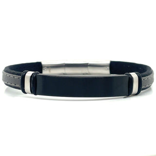 Gents Grey Leather And Stainless Steel ID Bracelet With Magnetic Catch