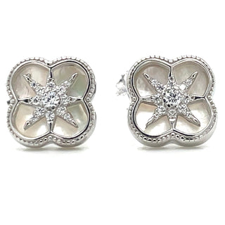 Sterling Silver Clover Cz Stud Earrings