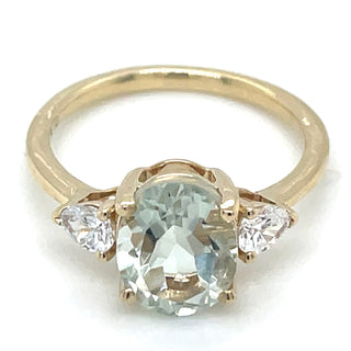 9ct Yellow Gold Laboratory Grown Oval Green Amethyst And Diamond Ring