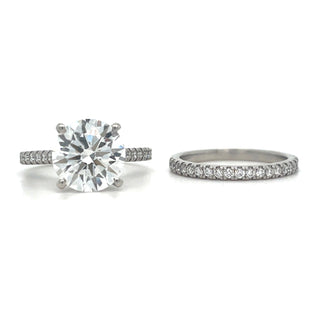 Evelyn Ring Set - Platinum Laboratory Grown 4.30ct Round Brilliant Solitaire With Hidden Halo And Castle Set Diamond Band Ring Set