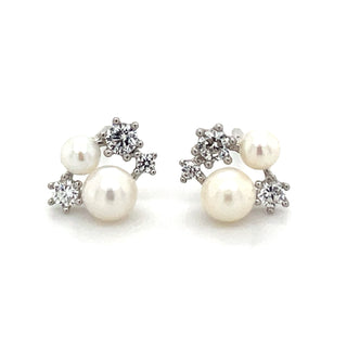 9ct White Gold Multi Cz & Pearl Stud Earrings
