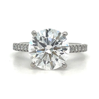 Evelyn Ring Set - Platinum Laboratory Grown 4.30ct Round Brilliant Solitaire With Hidden Halo And Castle Set Diamond Band Ring Set