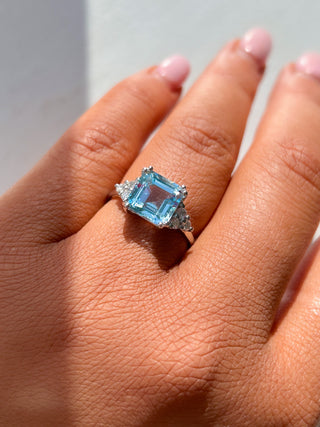 9ct White Gold Earth Grown Princess Cut Blue Topaz & Diamond Ring