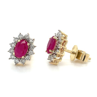 9ct Yellow Gold Earth Grown Oval Ruby and Cluster Halo Earrings