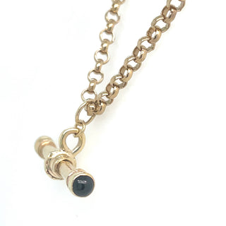 Vintage 9ct Yellow Gold 22” Round Belcher Chain With Detailed T-Bar And Onyx Stone