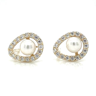 9ct Yellow Gold Pearl And Cz Pear Shape Earrings