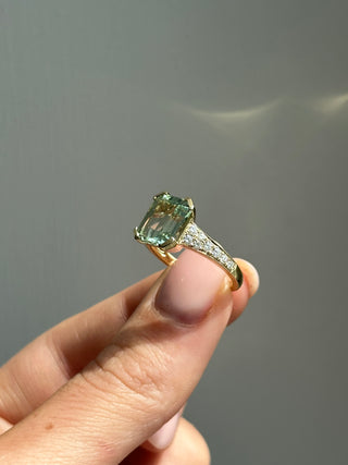 9ct Yellow Gold Earth Grown Emerald Cut Green Amethyst Ring With Diamond Set Shoulders