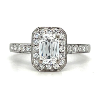 Betty - 18ct White Gold Laboratory Grown 1.10ct Emerald Cut Diamond Halo Ring with Pave Set Shoulders