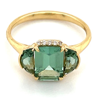 18ct Yellow Gold Emerald & Half Moon Cut Green Tourmaline & Diamond Ring