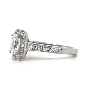 Betty - 18ct White Gold Laboratory Grown 1.10ct Emerald Cut Diamond Halo Ring with Pave Set Shoulders
