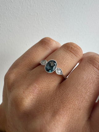 9ct White Gold Milgrain Edge Earth Grown 0.83ct London Blue Topaz & 0.10ct Diamond Ring