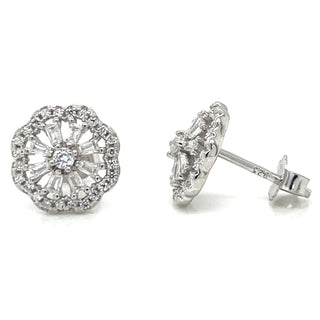 Sterling Silver Cz Flower Stud Earrings