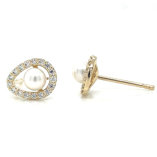 9ct Yellow Gold Pearl And Cz Pear Shape Earrings