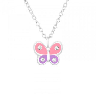 Children's Sterling Silver Pink And Purple Butterfly Necklace With Cz