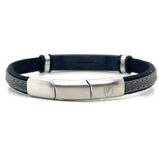 Gents Grey Leather And Stainless Steel ID Bracelet With Magnetic Catch