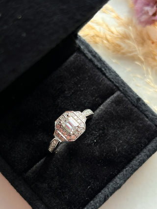 18ct White Gold 0.45ct Emerald Cut Halo Earth Grown Diamond Ring With Pave Set Diamond Shoulders
