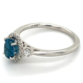 9ct White Gold Earth Grown 0.57ct London Blue topaz and 0.21ct Diamond Halo Ring