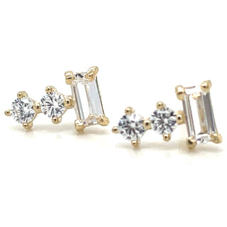 9ct Yellow Gold Baguette And Two Stone Cz Stud Earrings