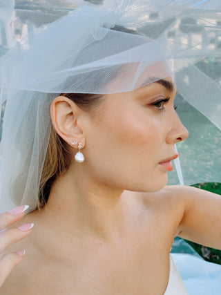 Golden Round & Heart CZ Stud with Keshi Pearl Drop